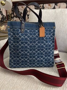 Coach Washed Denim Signature Field Tote Blue Leather Trim Crossbody